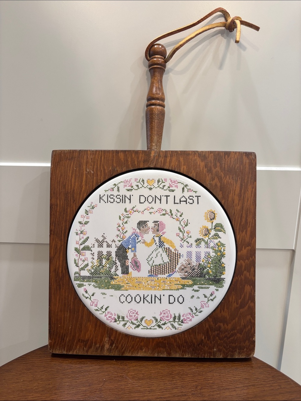 Vintage Style Cross-Stitch style ceramic  Wall Hanging with Wooden Paddle Frame